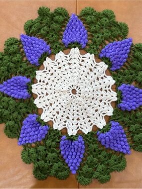 Hand Crocheted Grape Doily 24” Round Purple Green Yarn Table Topper Vintage